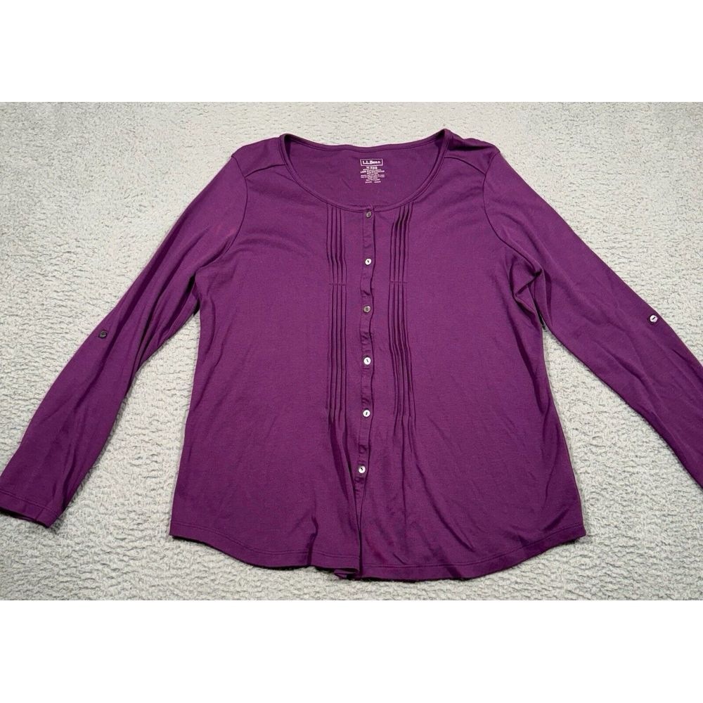 L.L. Bean Medium  M-Reg Womens Button Top Long‎ Sleeve Purple 100% Supima Cotton